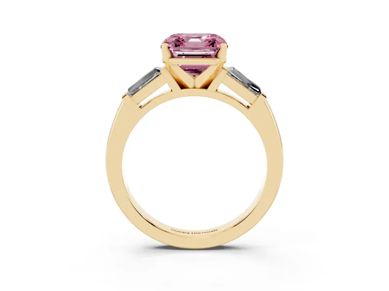 Fancy Pink Asscher Cut Diamond Solitaire Ring Set in Yellow gold with Tapered Baguette Side Stones and Prong Setting