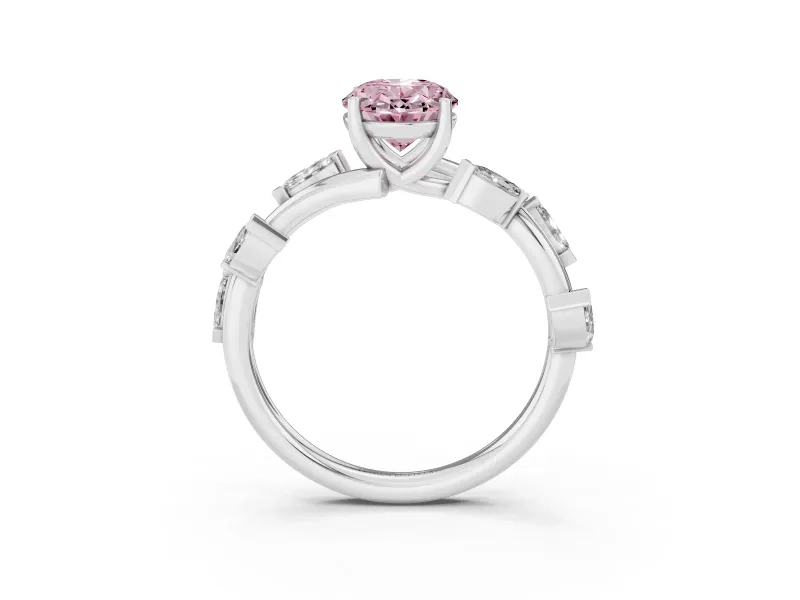 Fancy Pink Oval Cut Diamond Solitaire Ring Set in Platinum with Twisted Marquise Accent Band