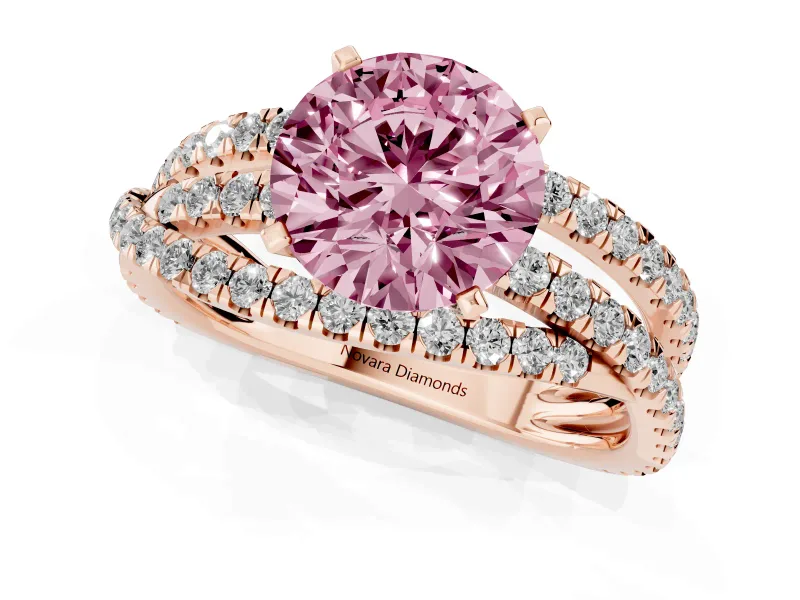 Fancy Pink Round Cut Diamond Solitaire Twist Band Ring Set in Rose gold with Pavé Setting and Prong Head