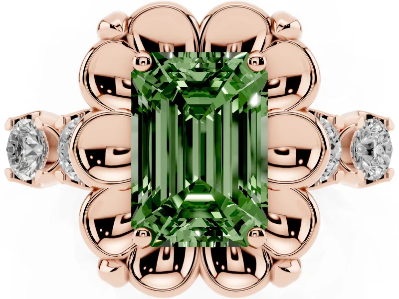 Emerald Cut Floral Engagement Ring Setting for a Fancy Green Lab-Grown Diamond | Petal Frame and Side Stones | Rose Gold