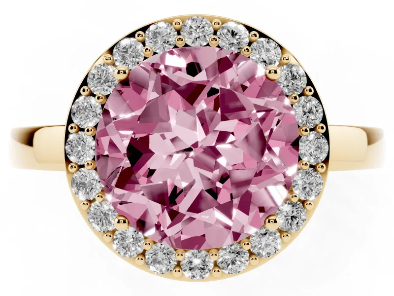 Round Thin Halo Low Profile Engagement Ring Setting for a Fancy Pink Lab-Grown Diamond | Slim Plain Band | Yellow Gold