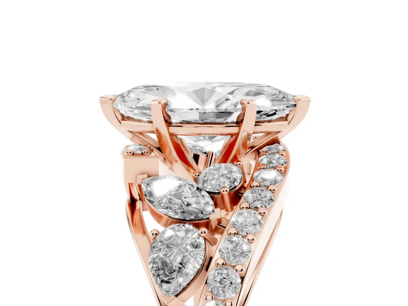 Marquise Cut Diamond Halo Ring Set in Rose gold with Marquise and Pavé Band in Prong Setting