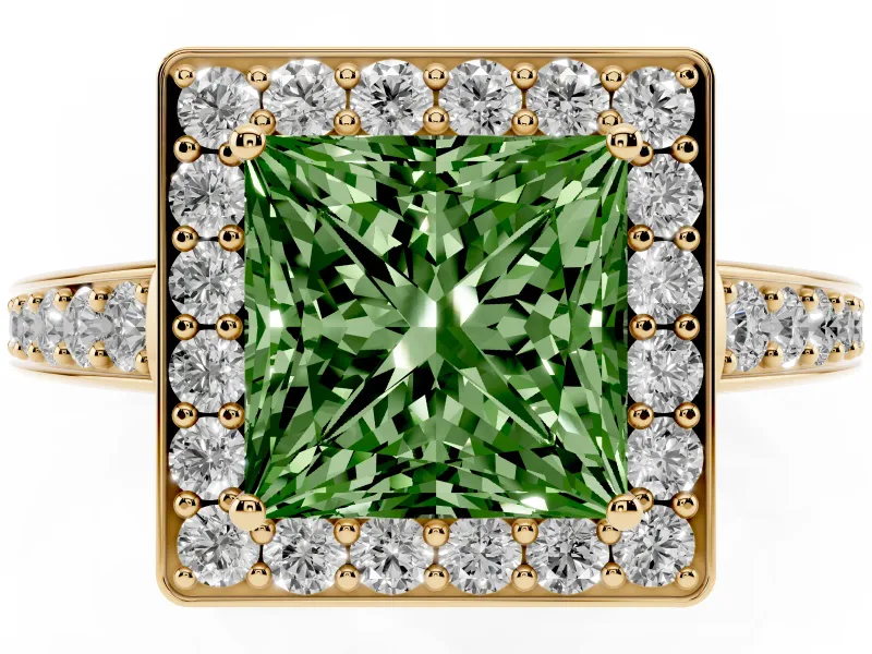 Fancy Green Princess Cut Diamond Halo Pavé Engagement Ring Set in Yellow gold with Bezel Setting