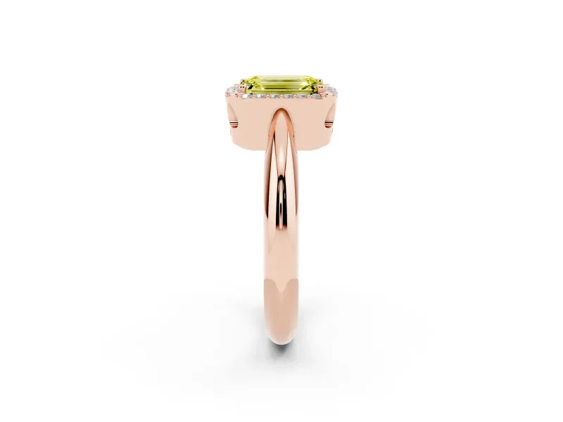 Fancy Yellow Emerald Cut Diamond Halo Engagement Ring Set in Rose gold with Plain Split Shank and Prong Setting