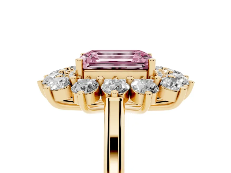 Emerald Cut Floral Double Halo Engagement Ring Setting for a Fancy Pink Lab-Grown Diamond | Plain Band | Yellow Gold