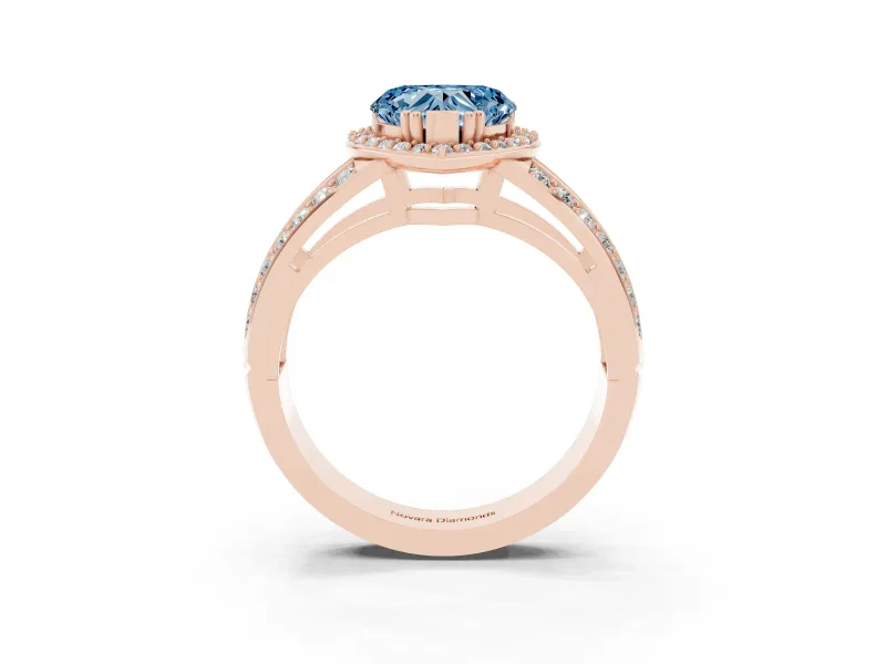 Fancy Blue Heart Cut Diamond Halo Ring Set in Rose gold with Double Pavé Split Shank