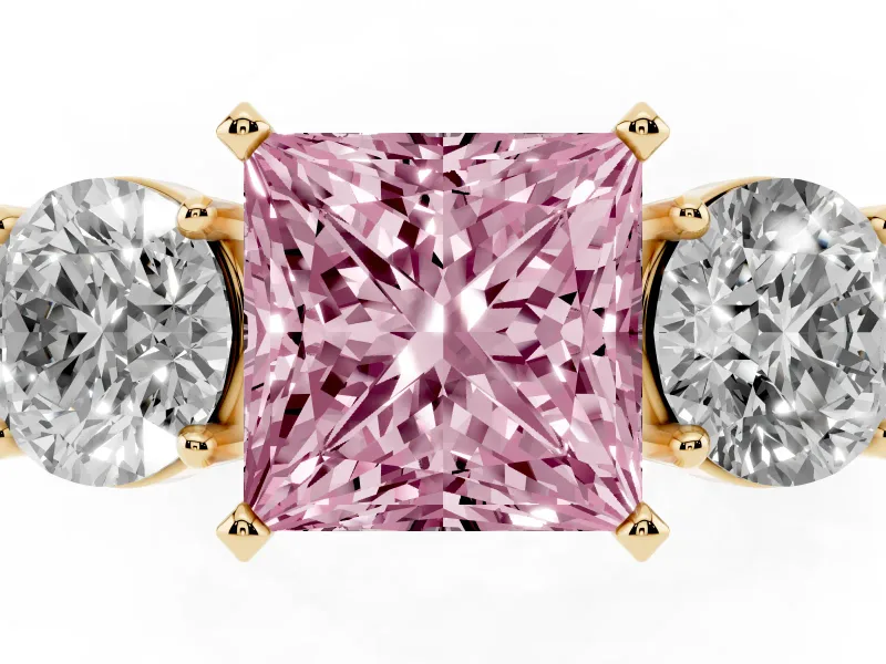 Princess Cut Three Stone Engagement Ring Setting for a Fancy Pink Lab-Grown Diamond | Wide Plain Band | Yellow Gold