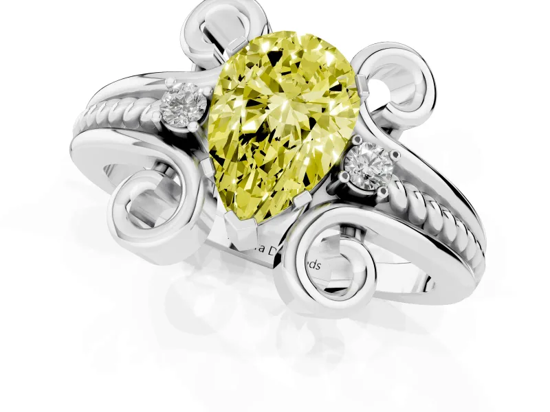 Fancy Yellow Pear Cut Diamond Twisted Band Solitaire Ring Set in Platinum with Scroll Prongs