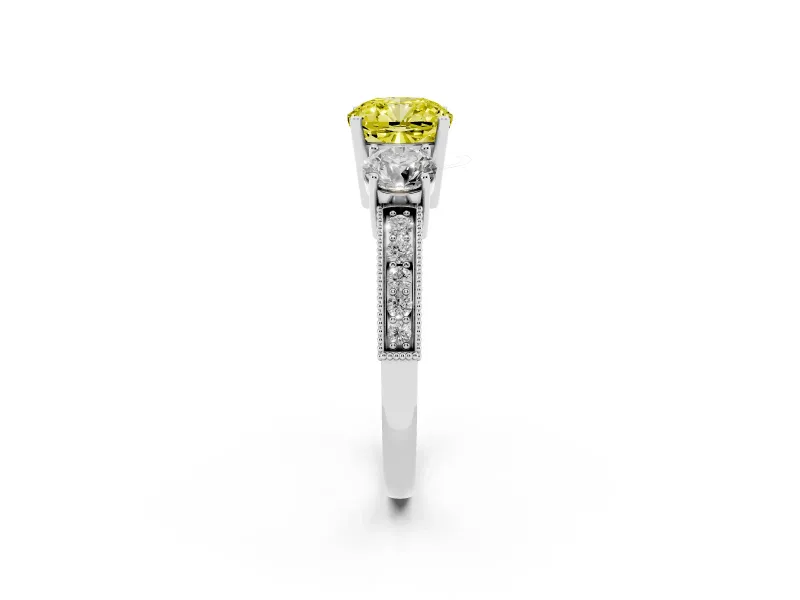 Cushion Cut Three Stone Engagement Ring Setting for a Fancy Yellow Lab-Grown Diamond | Graduated Pave Band | Platinum