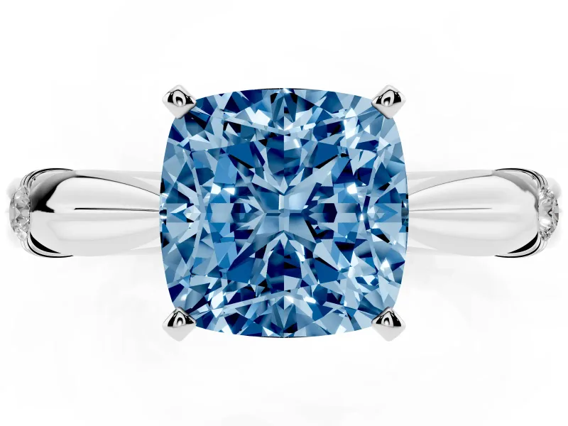 Fancy Blue Cushion Cut Diamond Solitaire Twisted Band Ring Set in Platinum with Accent Stones and Prong Setting