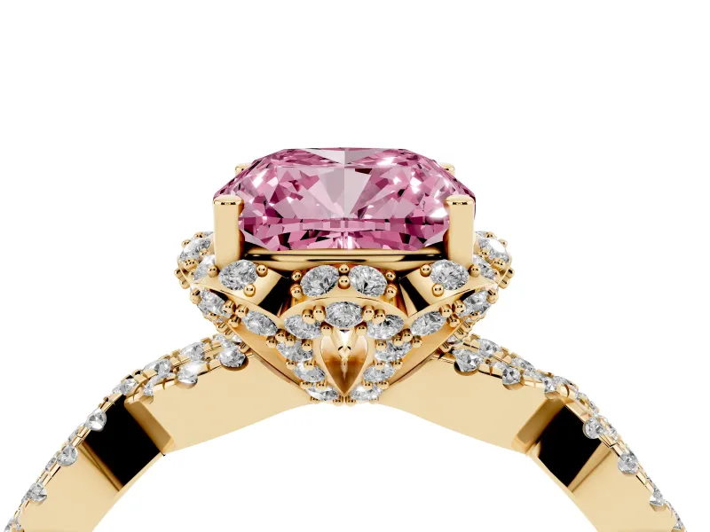 Cushion Cut Milgrain Halo Engagement Ring Setting for a Fancy Pink Lab-Grown Diamond | Graduated Shoulders | Yellow Gold