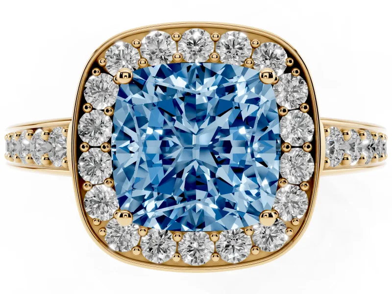 Cushion Cut Framed Halo Engagement Ring Setting for a Fancy Blue Lab-Grown Diamond | Yellow Gold