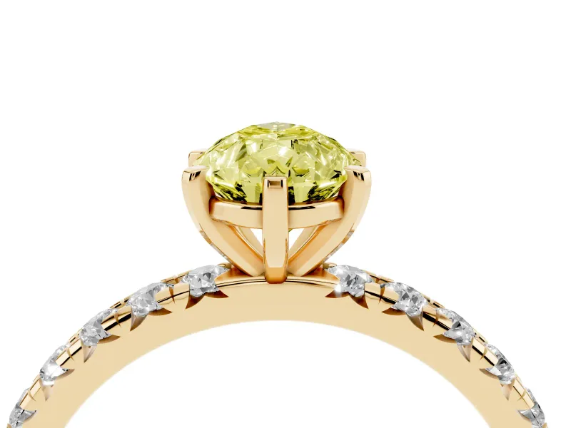 Fancy Yellow Pear Cut Diamond Pavé Solitaire Ring Set in Yellow gold with Round Band and Prong Setting