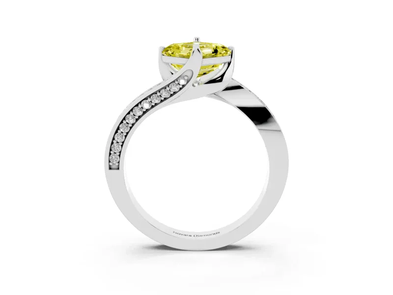 Fancy Yellow Asscher Cut Diamond Solitaire Ring Set in Platinum with Intertwined Pavé Twist Band