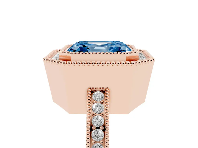 Fancy Blue Asscher Cut Diamond Halo Ring Set in Rose gold with Pavé Band and Milgrain-Edged Prongs