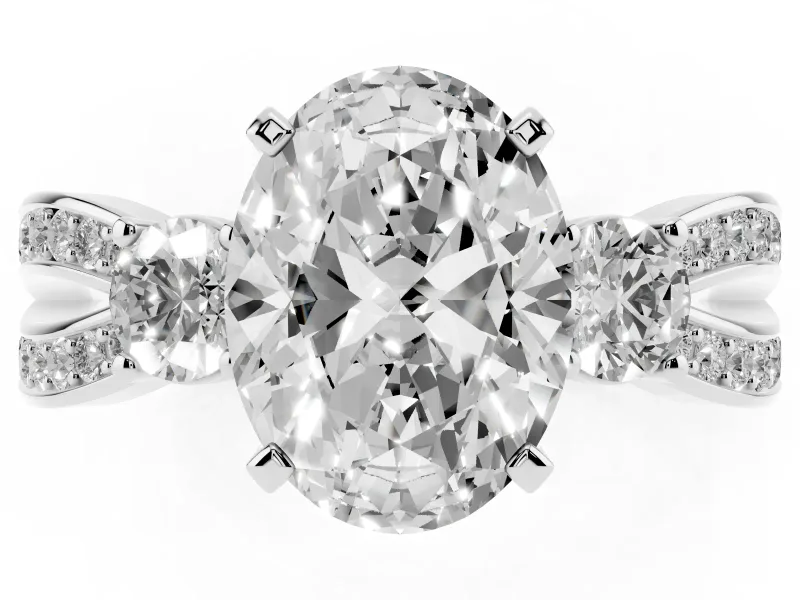 Three-Stone Oval Cut Diamond Twist Band Ring Set in Platinum with Pavé Accents and Prong Setting