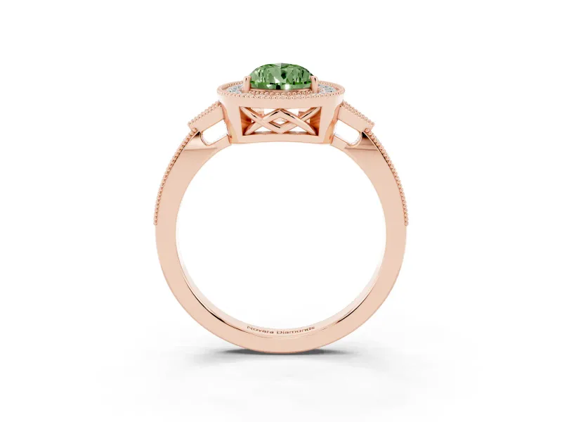 Fancy Green Pear Cut Diamond Halo Engagement Ring Set in Rose gold with Milgrain Pavé Band