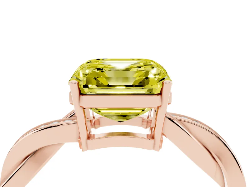 Fancy Yellow Asscher Cut Diamond Solitaire Twisted Pavé Ring Set in Rose gold with Prong Setting