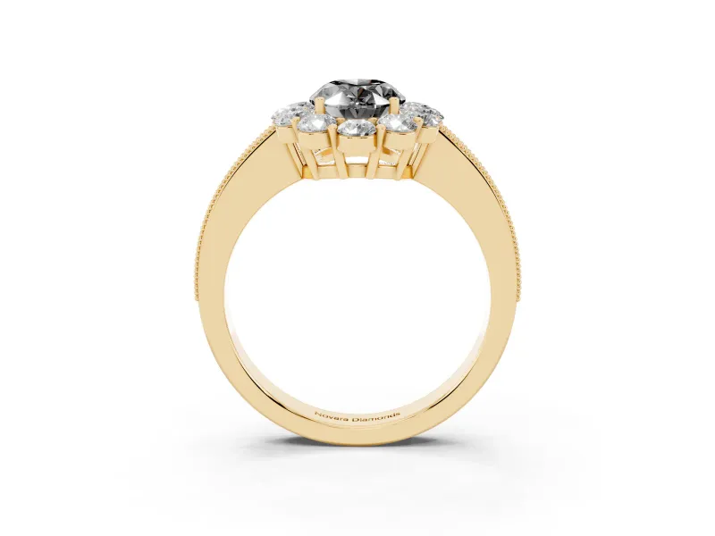 Oval Vintage Halo Engagement Ring Setting for a Black Center | Milgrain Channel Band | Yellow Gold