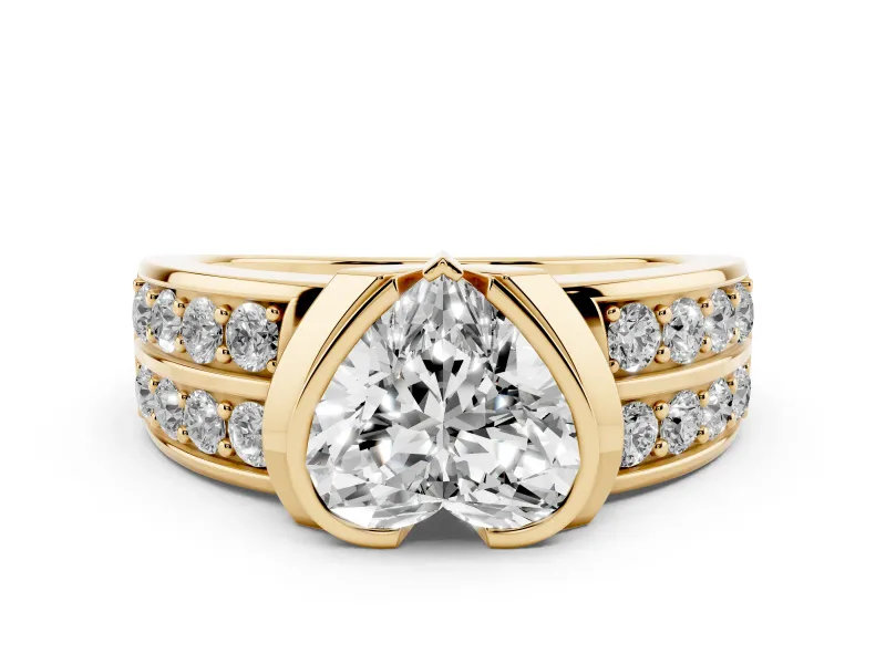 Heart Cut Diamond Wide Channel Set Band Ring Set in Yellow gold with Bezel Setting