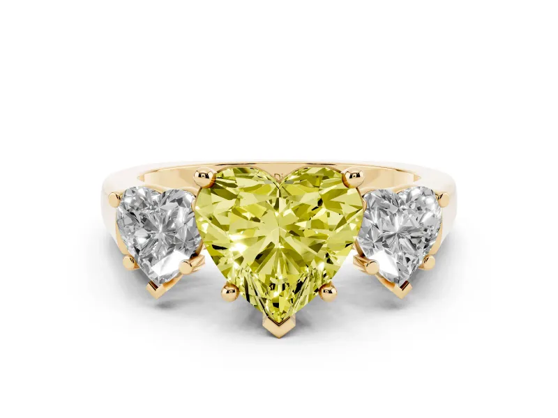 Fancy Yellow Heart Cut Diamond Three-Stone Trellis Ring Set in Yellow gold with Comfort Fit Band