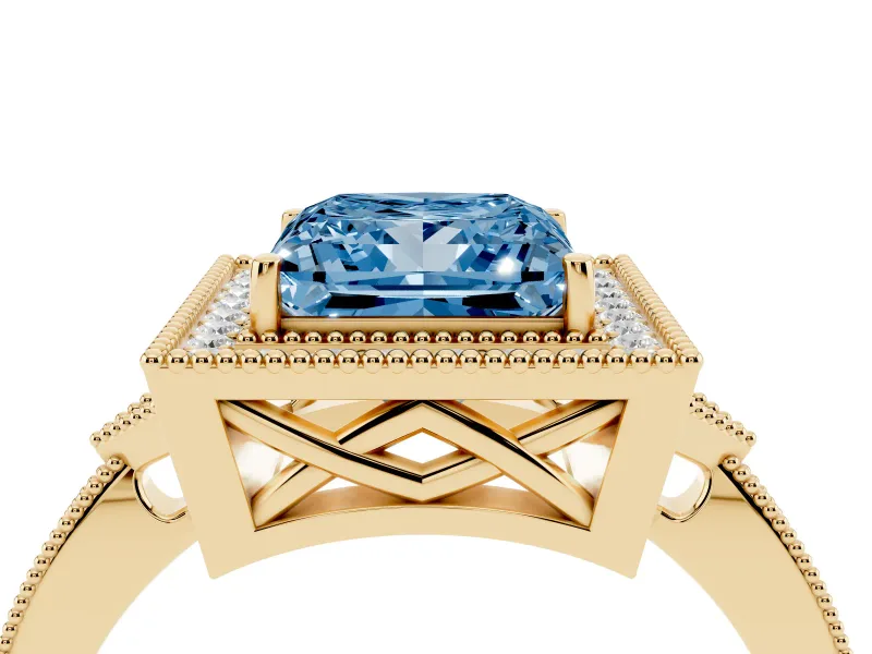 Fancy Blue Princess Cut Diamond Halo Engagement Ring Set in Yellow gold with Milgrain Pavé Band
