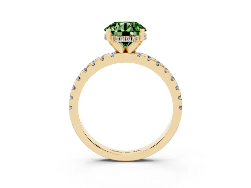 Round Hidden Halo Solitaire Engagement Ring Setting for a Fancy Green Lab-Grown Diamond | Pave Band | Yellow Gold