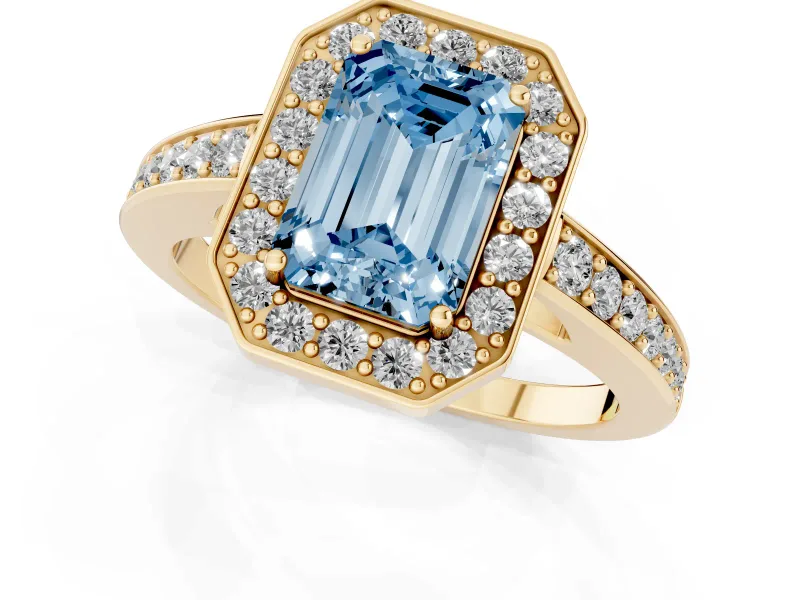 Fancy Blue Emerald Cut Diamond Halo Pavé Engagement Ring Set in Yellow gold with Bezel Setting