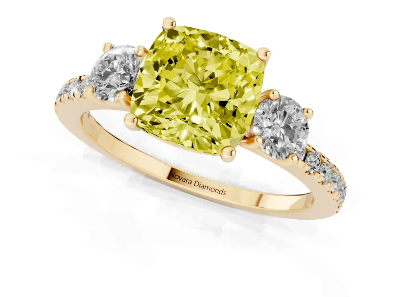 Cushion Cut Three Stone Engagement Ring Setting for a Fancy Yellow Lab-Grown Diamond | Pave Shoulders | Yellow Gold