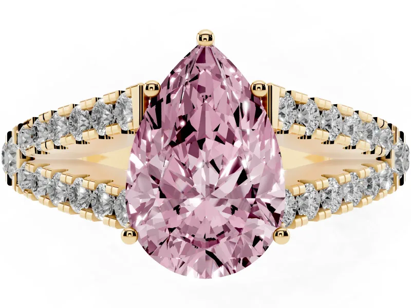 Pear-Shaped Graduated Split Shank Engagement Ring Setting for a Fancy Pink Lab-Grown Diamond | Yellow Gold