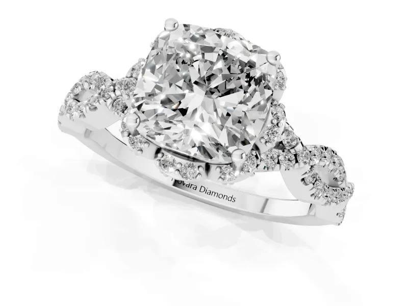 Cushion Cut Diamond Halo Twist Band Solitaire Ring Set in Platinum with Prong-Set Center Stone