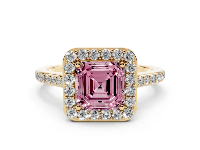 Fancy Pink Asscher Cut Diamond Halo Engagement Ring Set in Yellow gold with Round Pavé Shoulders and Heart Gallery