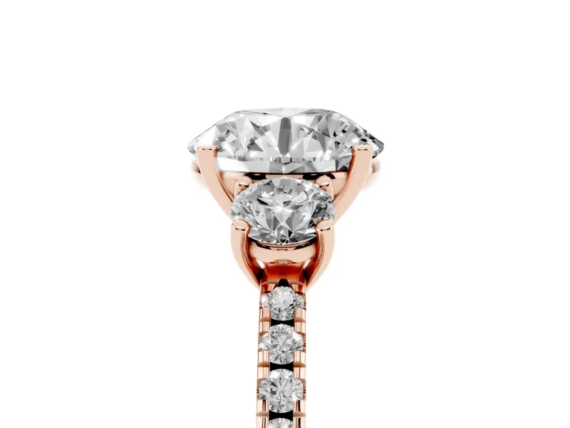 Round Three Stone Engagement Ring Setting | Pave Shoulders | Rose Gold
