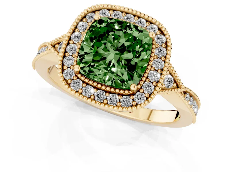 Cushion Cut Milgrain Halo Engagement Ring Setting for a Fancy Green Lab-Grown Diamond | Graduated Pavé | Yellow Gold