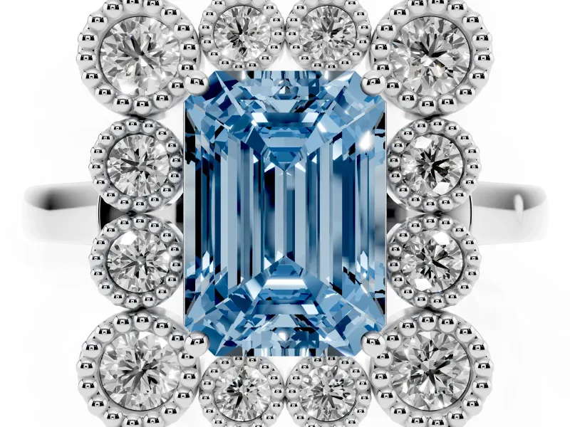 Emerald Cut Milgrain Cluster Halo Engagement Ring Setting for a Fancy Blue Lab-Grown Diamond | Plain Band | Platinum