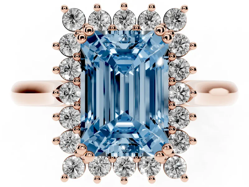 Fancy Blue Emerald Cut Diamond Halo Ring Set in Rose gold with Plain Solitaire Band and Prong Setting