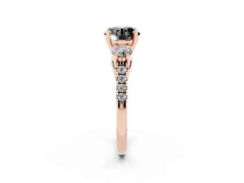 Round Three-Stone Pavé Engagement Ring Setting for a Black Center | Round Side Stones | Rose Gold