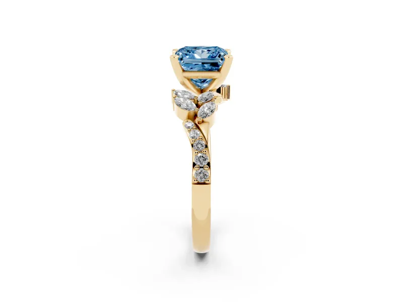 Fancy Blue Princess Cut Diamond Solitaire Ring Set in Yellow gold with Marquise Twist Band and Prong Setting