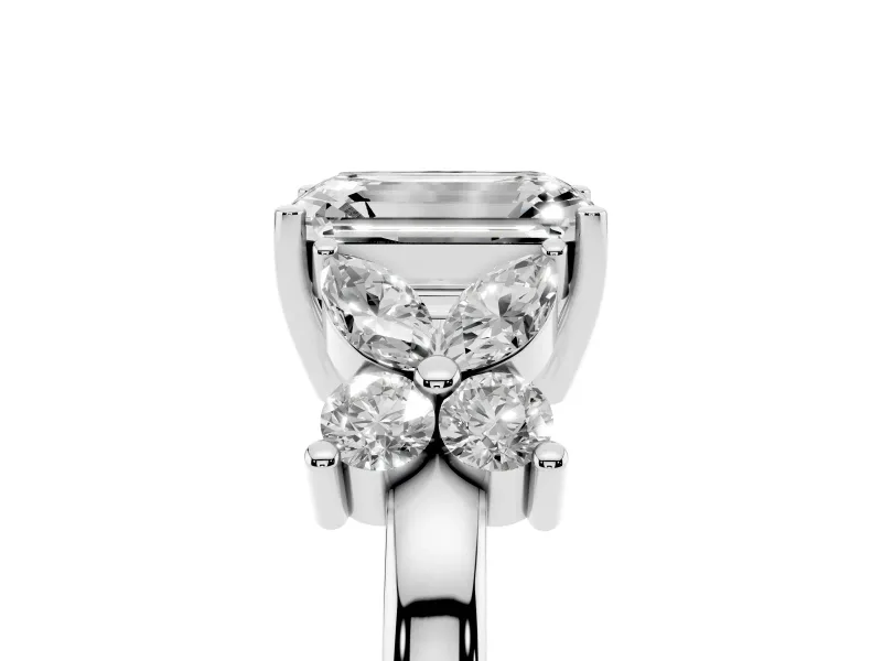 Emerald Cut Diamond Floral Cluster Ring Set in Platinum with Marquise Petals and Prong Setting