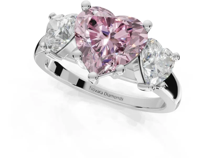 Heart-Shaped Three Stone Engagement Ring Setting for a Fancy Pink Lab-Grown Diamond | Tapered Band | White Gold