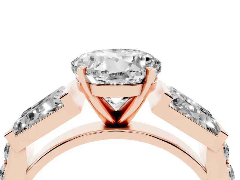 Round Cut Diamond Engagement Ring Set in Rose gold with Baguette Side Stones and Channel Set Band