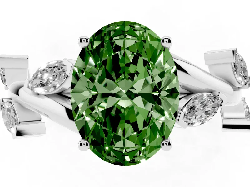 Fancy Green Oval Cut Diamond Solitaire Ring Set in Platinum with Twisted Marquise Accent Band