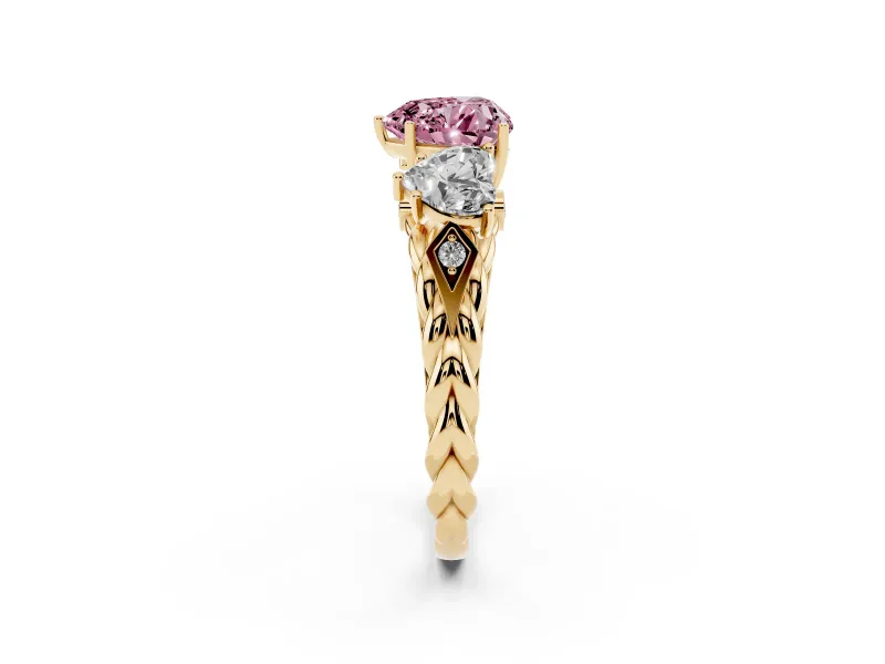 Heart-Shaped Three Stone Engagement Ring Setting for a Fancy Pink Lab-Grown Diamond | Braided Band | Yellow Gold