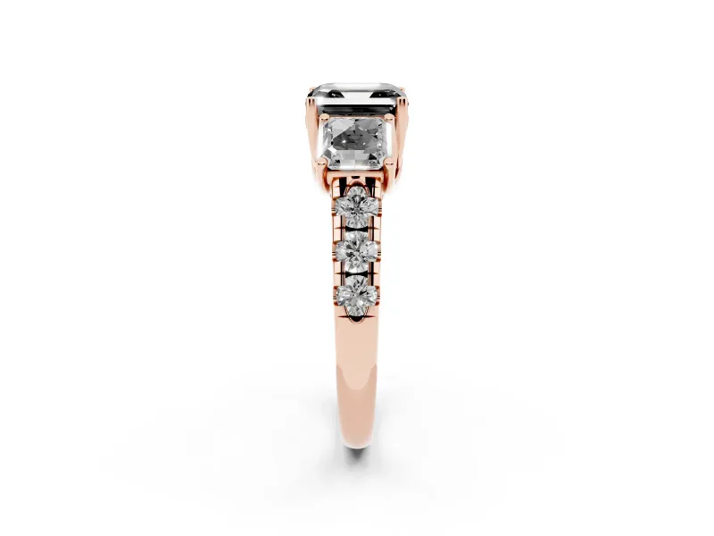 Asscher Cut Three Stone Engagement Ring Setting for a Black Center | Accented Shoulders | Rose Gold