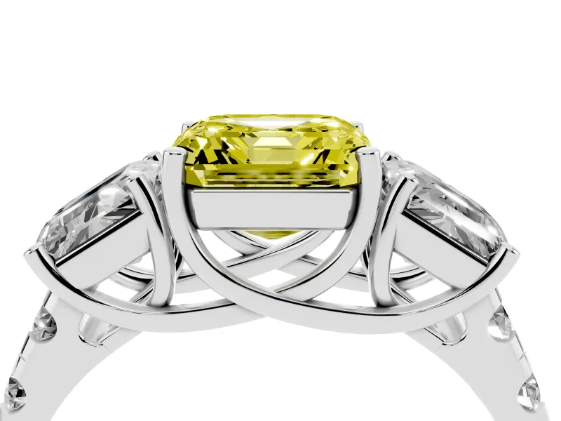 Asscher Cut Three Stone Engagement Ring Setting for a Fancy Yellow Lab-Grown Diamond | Accented Shoulders | Platinum