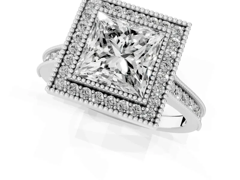 Princess Cut Vintage Milgrain Halo Engagement Ring Setting | Bezel Head | Platinum