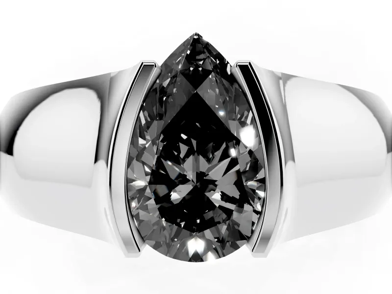 Fancy Black Pear Cut Diamond Bezel Solitaire Ring Set in Silver with Wide Band
