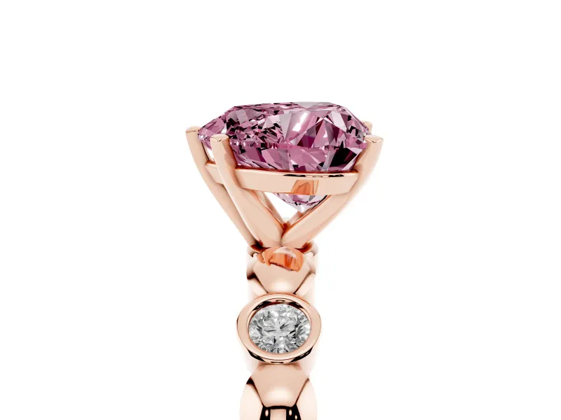 Fancy Pink Heart Cut Diamond Solitaire Ring Set in Rose gold with Bezel-Set Accents on Beaded Band and Prong Setting
