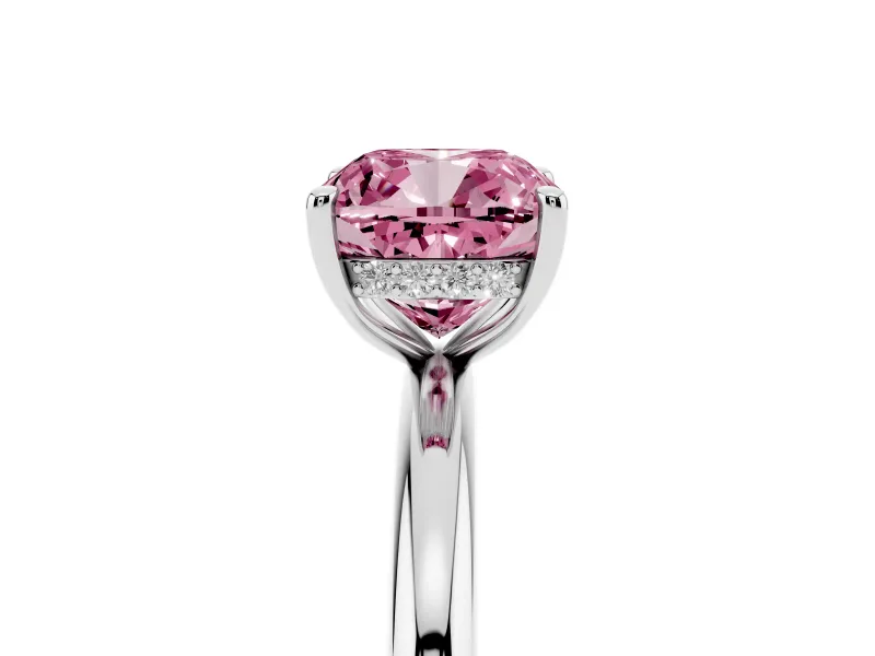 Fancy Pink Cushion Cut Diamond Solitaire Ring Set in Platinum with Thin Band and Prong Setting