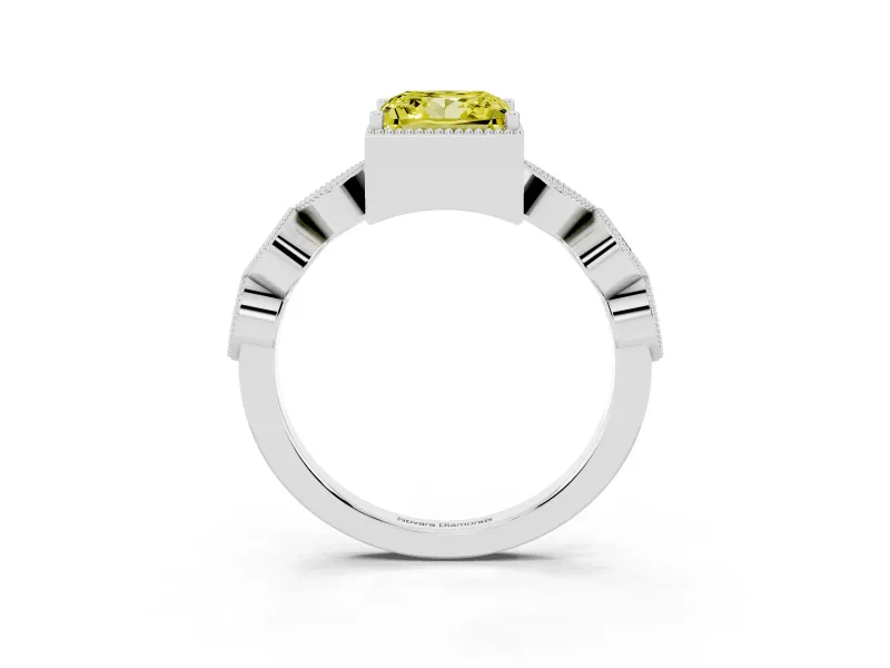 Fancy Yellow Princess Cut Diamond Vintage-Inspired Milgrain Ring Set in White gold with Marquise Stations of Round Accents